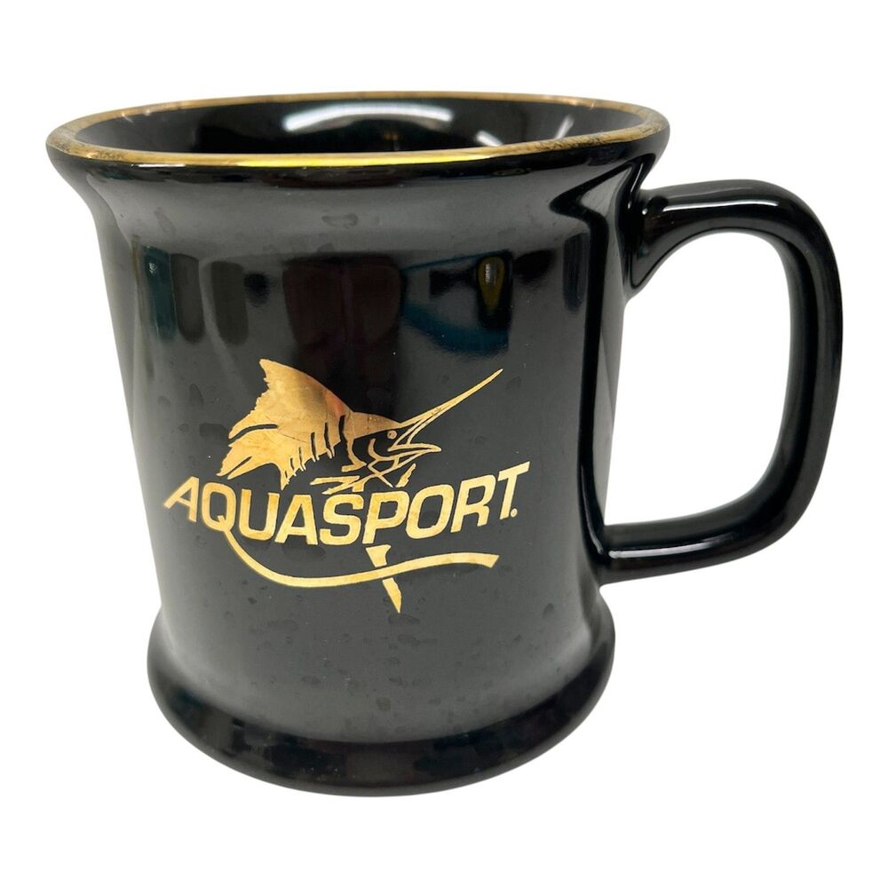 Vtg AQUASPORT Boats Coffee Mug Cup Florida Swordfish Black Gold Ceramic Fishing